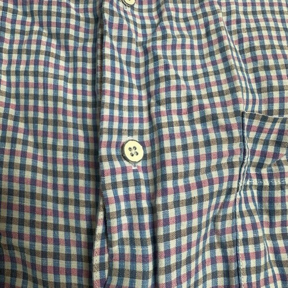 Peter Millar Mens Blue Pink Plaid Silk Linen Short Sleeve Button Up Shirt Sz L - Picture 10 of 10